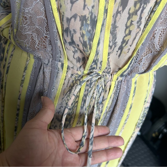 BCBG Maxazria Silk Dress Yellow Lace Novelty Snake Striped Print Front Slit Maxi - Picture 6 of 10